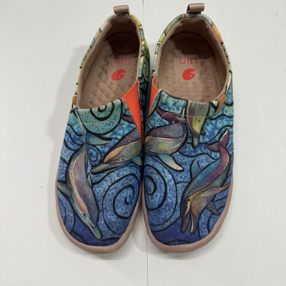 UIN Womens 8.5 Toledo Porpoise Dolphin Canvas Slip On Shoes Blue Multi Comfort - Picture 3 of 9